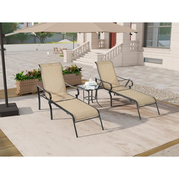 Unbranded 3-Piece Patio Steel Black Frame Tan Chaise Lounge Chair with 5 Adjustable Backrest