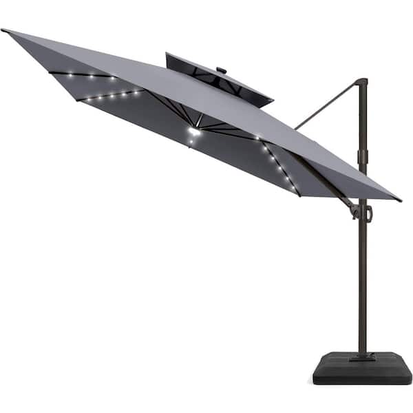11 ft. Square Double-Top Outdoor Offset Patio Solar LED Lighted Cantilever Patio Umbrella with Weights Base in Gray
