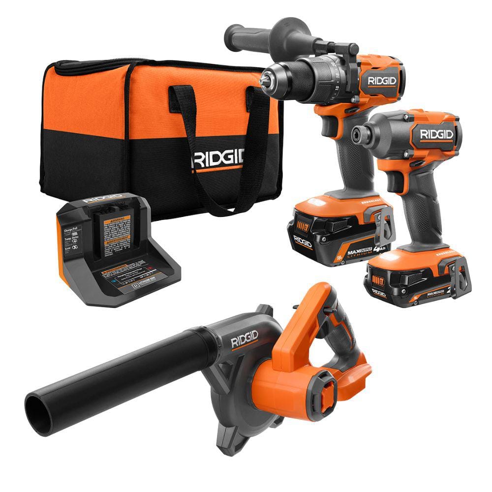RIDGID 18V Brushless Cordless 2 Tool Combo Kit w/ Hammer Drill, Impact Driver, Batteries, Charger, Bag & Compact Blower (R9208-R86043)