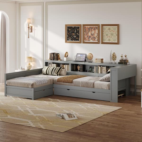 Gray Wood Frame Twin Size L-shaped Platform Bed with Trundle and Drawer
