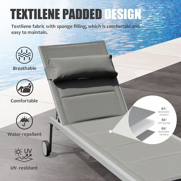 Adjustable Backrest Outdoor Chaise Lounge with Table and Wheels, Set of 3 in Gray