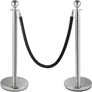 Crowd Control Stanchion 5 ft. Black Velvet Rope Heavy-Duty Base Crowd Control Barrier in Silver (Set of 2-Pieces)
