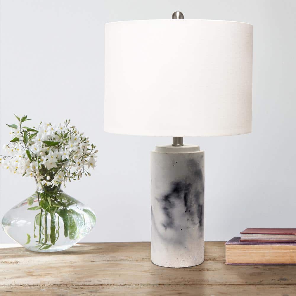 White Marbleized Cylinder Nightstand Lamp with Fabric Shade