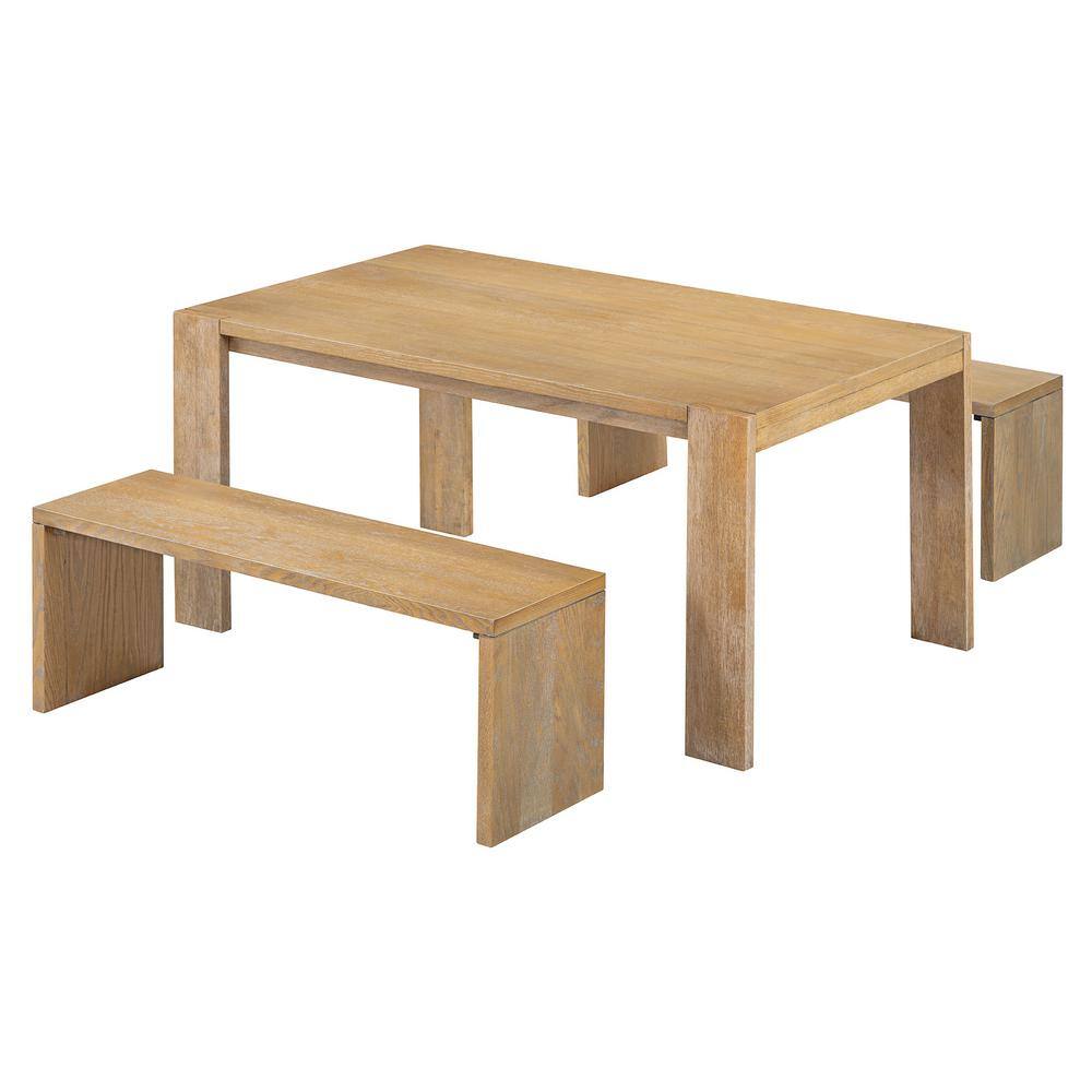 3 Pieces Wood Outdoor Dining Set, Farmhouse Style Dining Table and 2 Benche