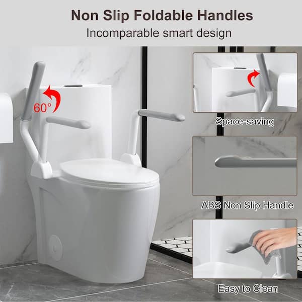 1/1.6 GPF Tornado Flush Elongated 1-Piece Toilet in Glossy White With Armrest, Siphonic S-trap 12" and Soft Close Seat