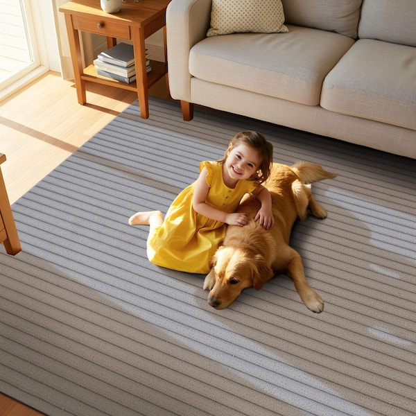 UltraPlush Touch 8 ft. x 10 ft. Grey Non-Slip Rubber Back Washable Polyester Stripes Indoor Area Rug