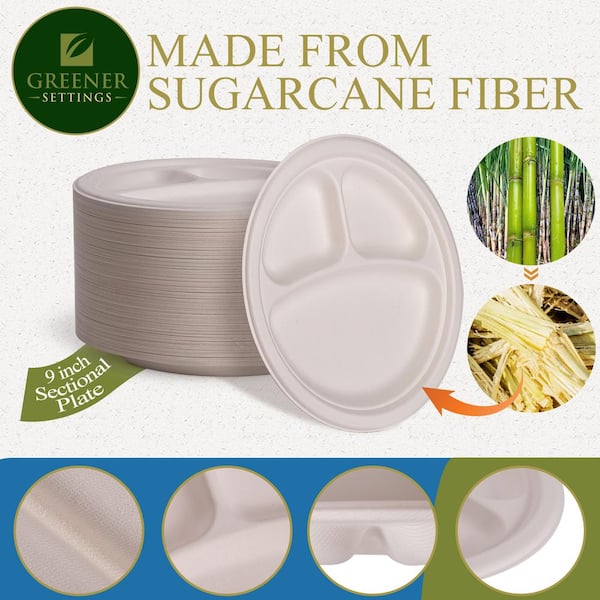 100% Compostable 9 Inch Heavy-Duty Plates 3 Compartment Eco-Friendly  Disposable Sugarcane Paper Plates