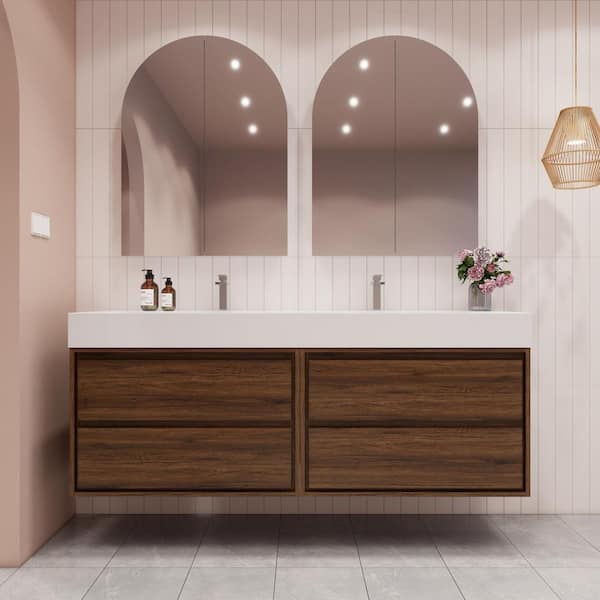 BV Better Vanity Saggie 71 in. W. x 20 in. D x 28 in. H Double Sink Floating Bath Double Vanity in Rosewood with White Acrylic Top
