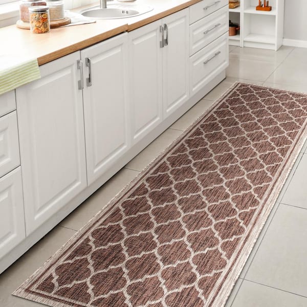 JONATHAN Y Espresso/Taupe 2 ft. x 20 ft. Runner Trebol Moroccan Trellis Textured Weave Indoor/Outdoor Area Rug
