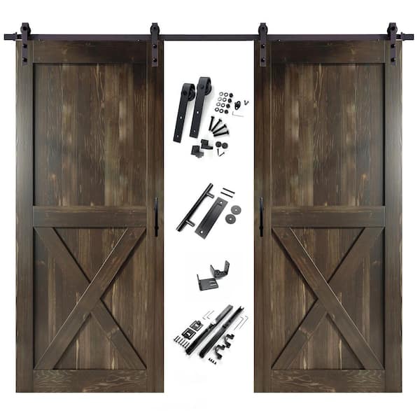 HOMACER 48 in. x 84 in. X-Frame Ebony Double Pine Wood Interior Sliding Barn Door with Hardware Kit, Non-Bypass
