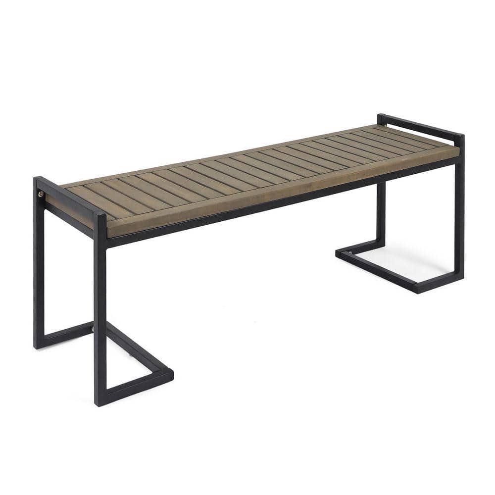 Industrial Acacia Wood and Metal Outdoor Ottoman Bench Grayish Brown