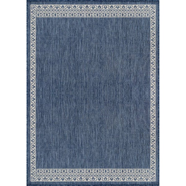 Frame Blue 5 ft. x 7 ft. Geometric Bordered Washable Indoor Outdoor Area Rug