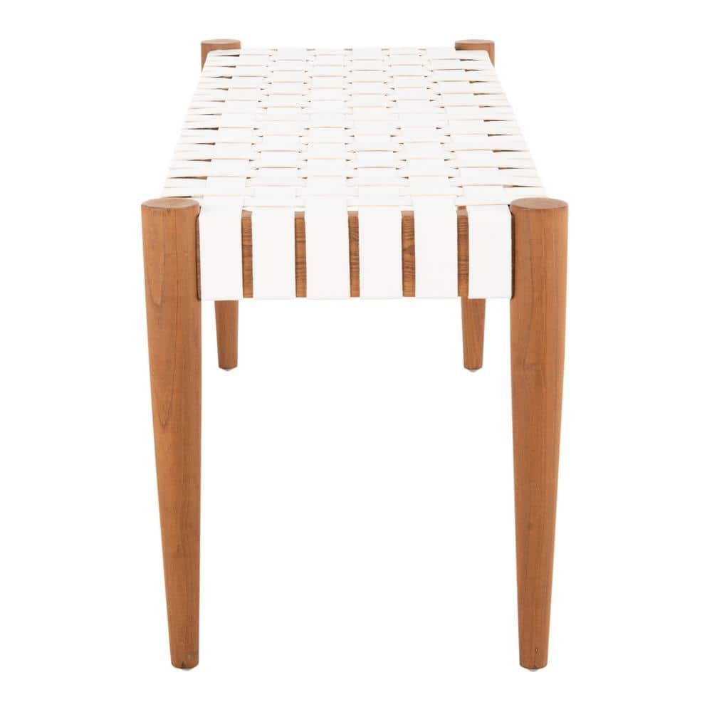 Amalia 47'' Transitional White Leather & Oak Weave Bench