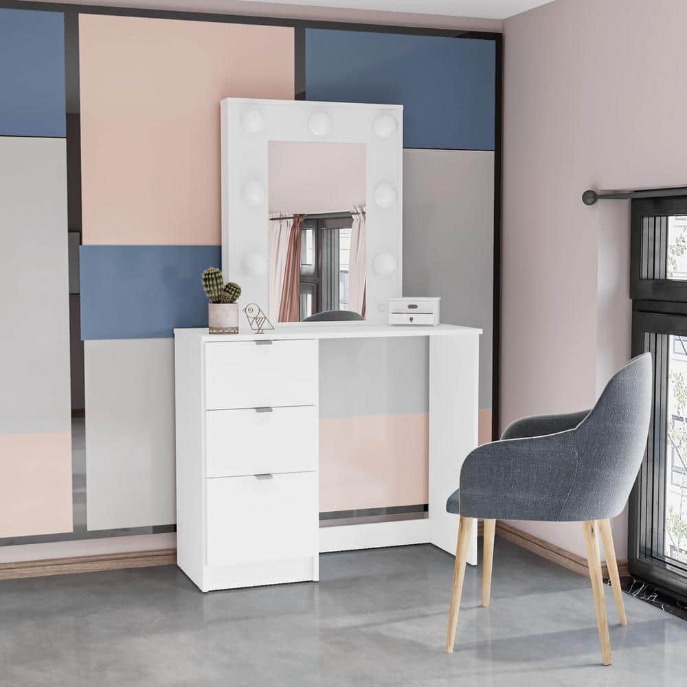 Daisy White Engineered Wood Makeup Vanity Table with Lighted Mirror