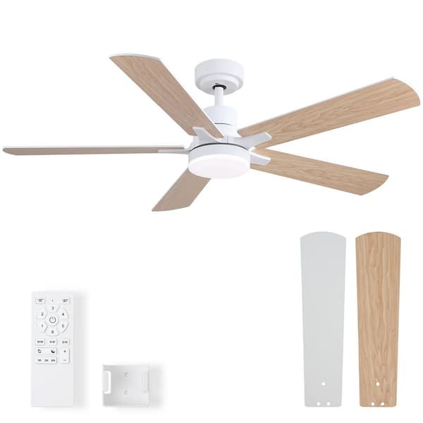 Knion 52 in. Integrated LED Indoor White and Light Woodgrain 2-Tone Ceiling Fan with Light Kit and Remote