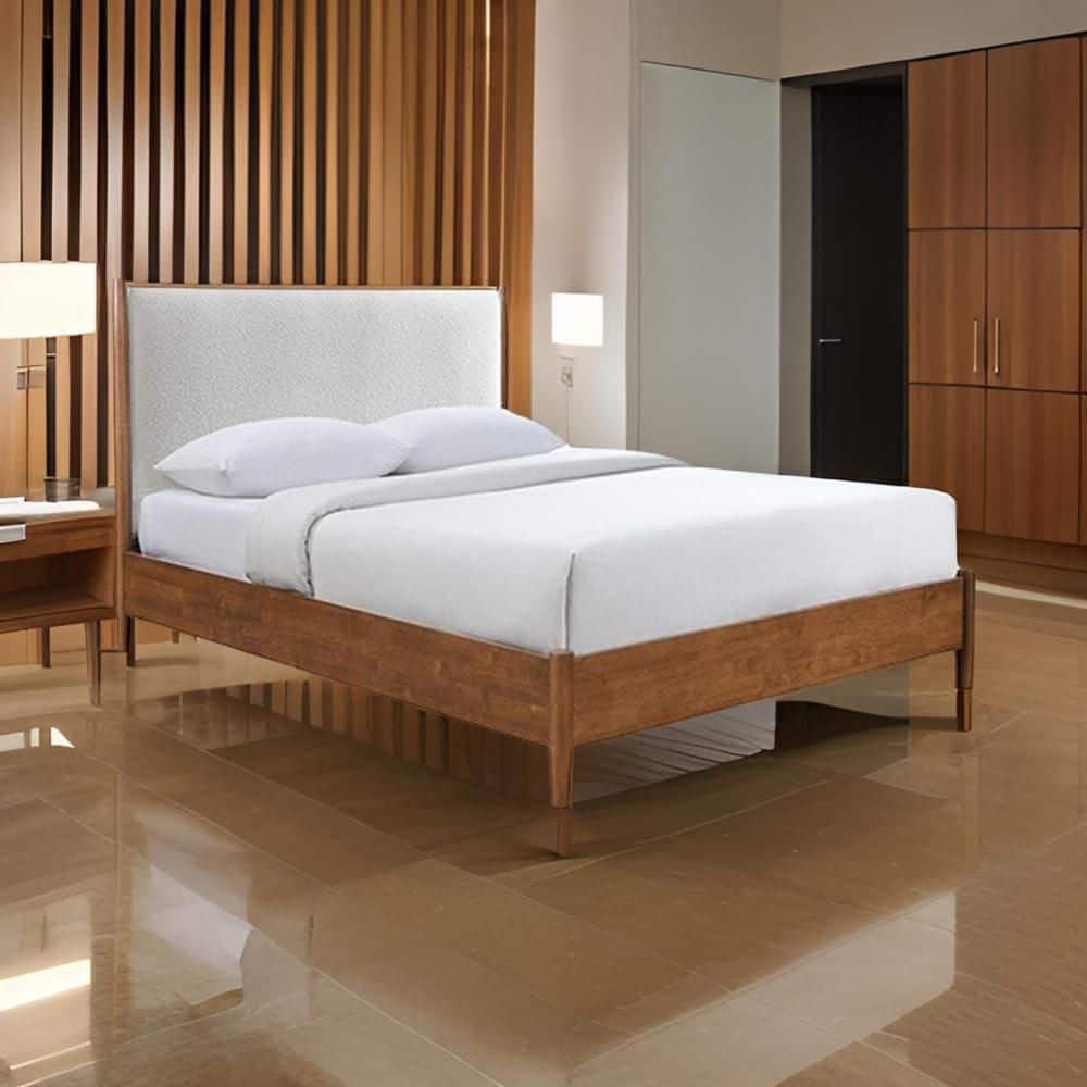 Carry Walnut Brown and Beige Wood Frame Queen Panel Bed with Boucle Headboard