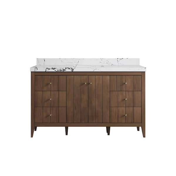Willow Collections Atlanta Teak 60 in. Single Sink Freestanding Dark Natural Bath Vanity with Viola Night Qt. Top Unassembled