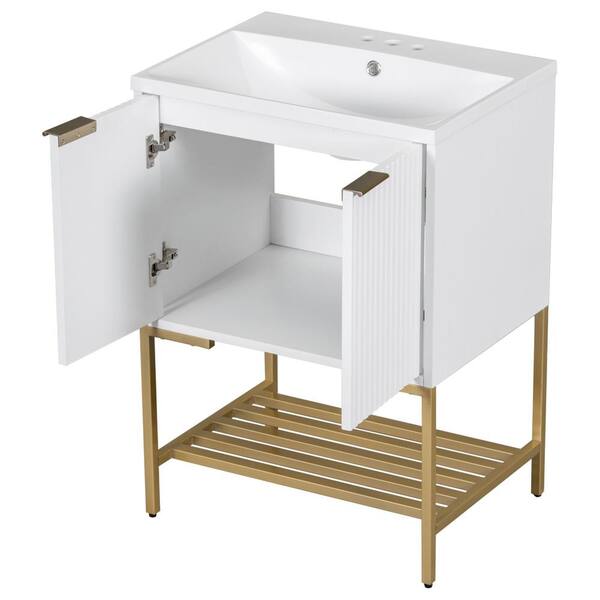 Aoibox 24inch White Bathroom Vanity Sink Combo for Small Space Modern Design with Ceramic Basin Gold Legs and Semi-Open Storage