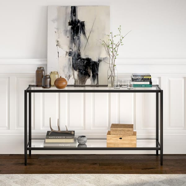 Meyer&Cross Hera 55 in. Blackened Bronze Rectangle Glass Console Table with Mirrored Shelf
