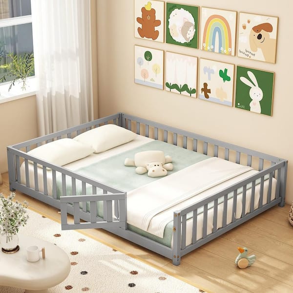 Full Size Floor Bed Montessori Bed Frame with Full-length Guardrails and Safety Door Gray