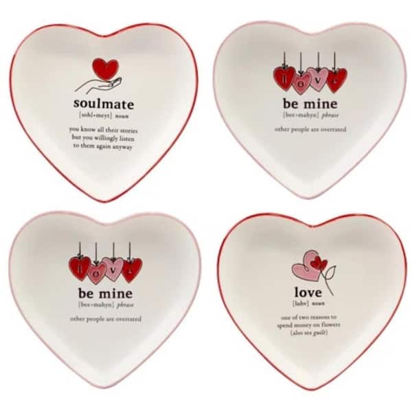 Valentine's Day White and Red Heart Shaped Tid Bit Dinner Plates (Set of 4)