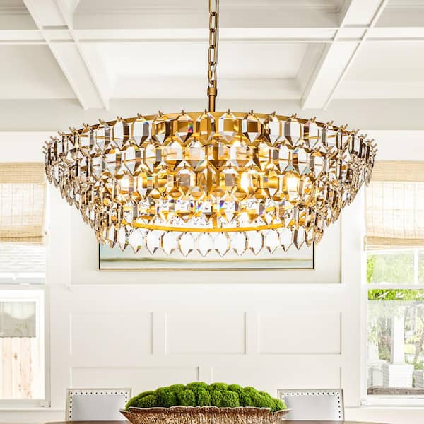 ALOA DECOR 28in. 8-Lights Mid Century Gold Modern Glam 4-Tier Chandelier with Clear Crystal Accents for Dining Room