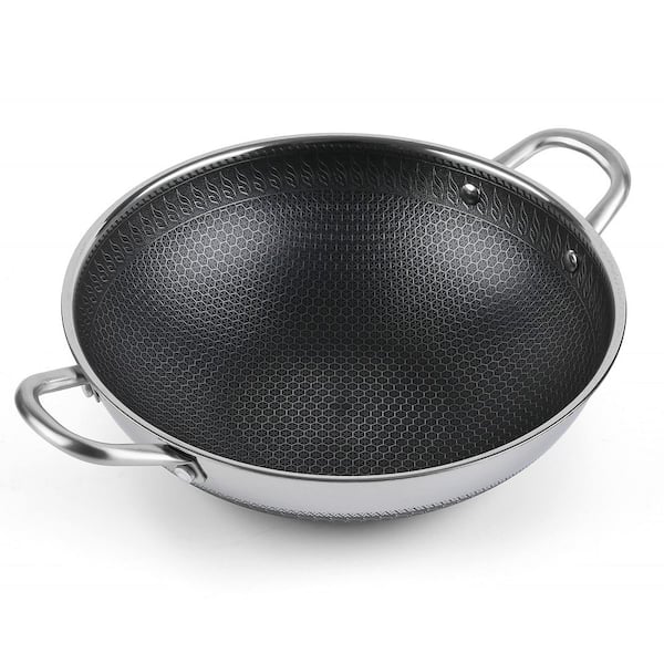 12.5 in. Stainless Steel Wok Pan Dual Honeycomb Nonstick Coating Frying Pan Induction Gas Electric Ceramic Compatible