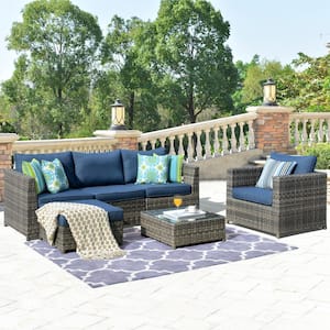 Ontario Lake Gray 6-Piece Wicker Outdoor Patio Conversation Seating Set with Denim Blue Cushions