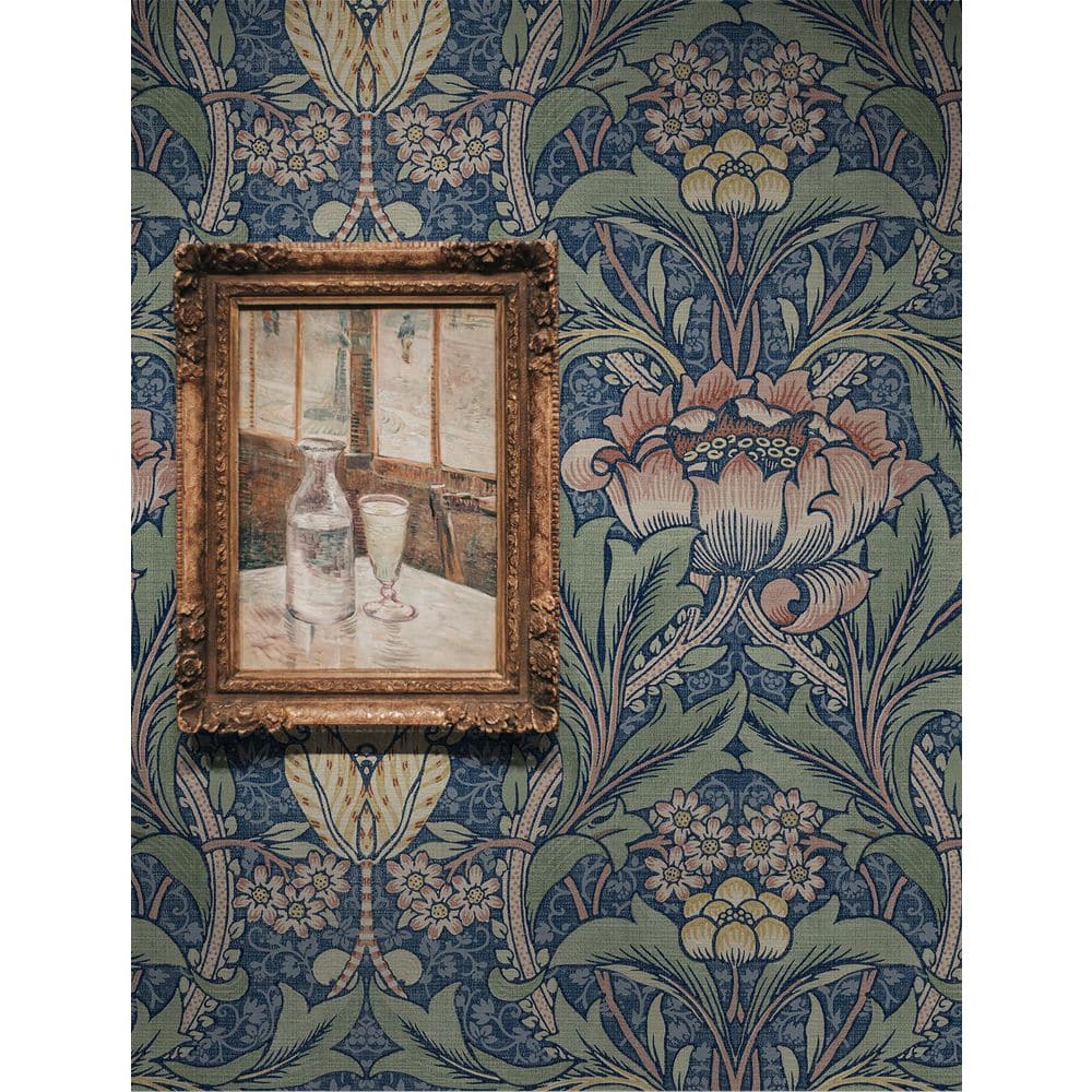 Denim Blue and Salmon Floral Vinyl-Coated Wallpaper