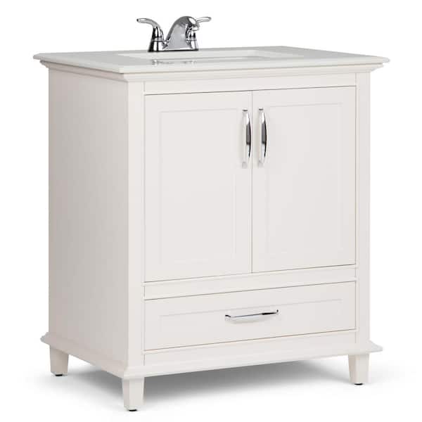 Simpli Home Ariana 30 in. W x 22 in. D Bath Vanity in Soft White with Quartz Marble Vanity Top in Bombay White with White Basin