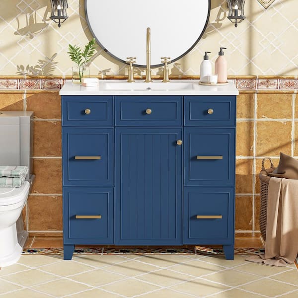 Boosicavelly 36 in. W x 18 in. D x 34 in. H Single Sink Freestanding Bath Vanity in Blue with White Ceramic Top
