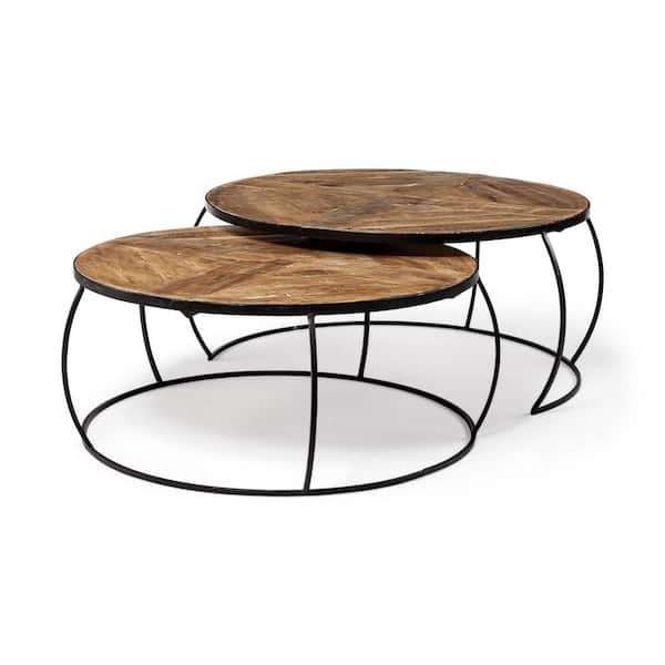 Brown Large Round Wood Coffee Table Set, Large Round End Tables