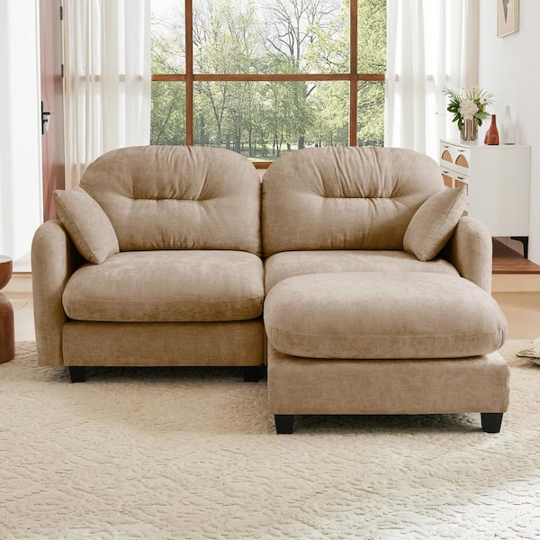 Leah 74 in. Chenille Upholstered Cloud Rectangle Sectional Sofa in Brown with Ottoman, 2-Pillows, Camel