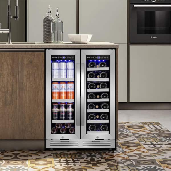 TITTLA 23.47 in. Dual Zone 18-Wine Bottles and 57-Cans Beverage and Wine Cooler in Silver Two Shape of Door Handles Blue LEDs