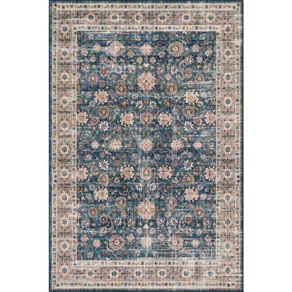 Aisling Bordered Traditional Washable Area Blue 6 ft. x 9 ft. Indoor Area Rug