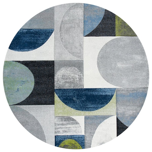 Hollywood 8 ft. x 8 ft. Gray/Blue Abstract Geometric Round Area Rug