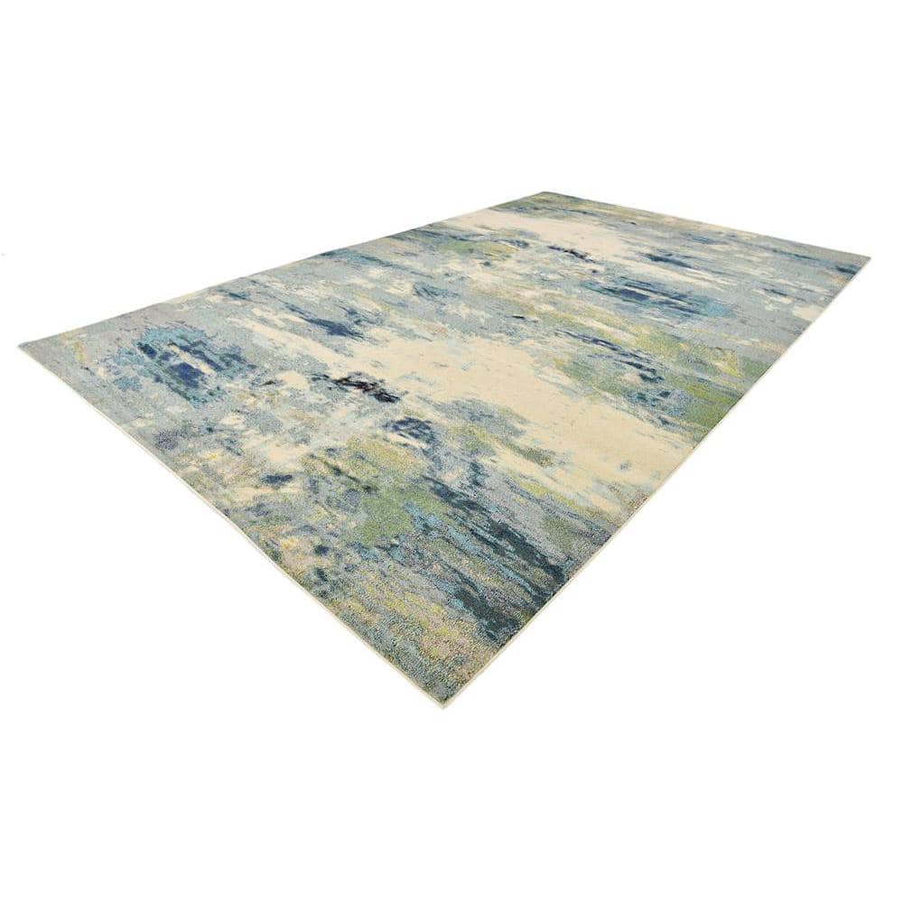 Luminous Light Blue Abstract Synthetic Indoor Rug, 10' 6" x 16' 5"