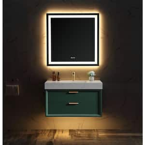 36 in. W x 21 in. D x 21 in. H Single Sink Bath Vanity in Green with White Marble Countertop, 2-Drawers and LED Light