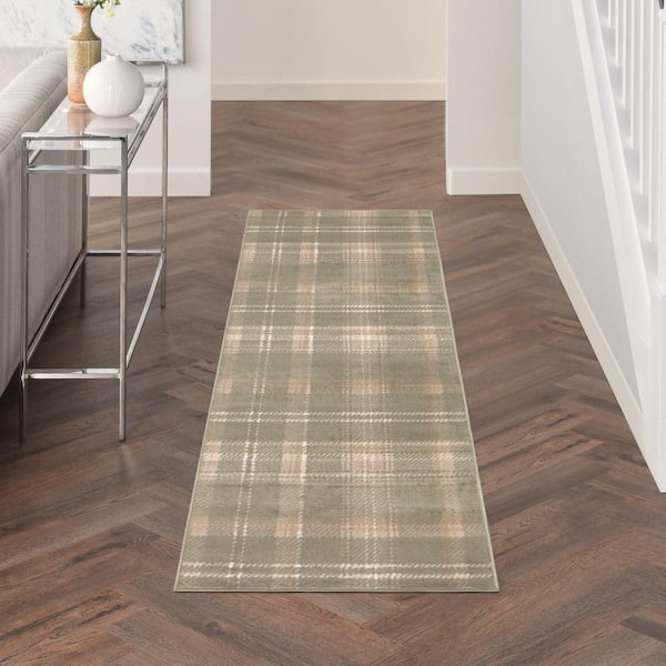 Grafix Olive 2 ft. x 12 ft. Plaid Contemporary Runner Area Rug