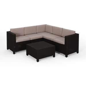 6-Piece Brown Faux Wicker Outdoor 5-Seater Sectional Sofa Set With Coffee Table and Beige Cushions