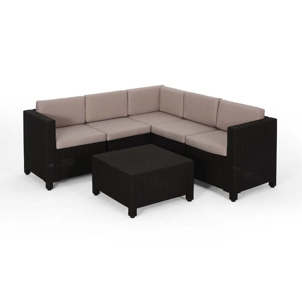 Tunearary 6-Piece Brown Faux Wicker Outdoor 5-Seater Sectional Sofa Set With Coffee Table and Beige Cushions