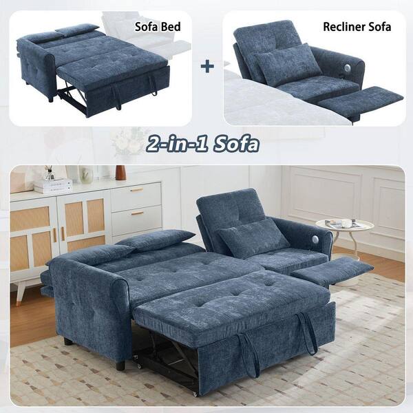 82 in. Wide Flared Arm Chenille U-shaped Sofa in Blue 2-in-1