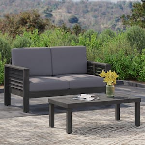 2 -Pieces Wood Patio Conversation Set with Gray Cushion, Outdoor Loveseat and Coffee Table Set