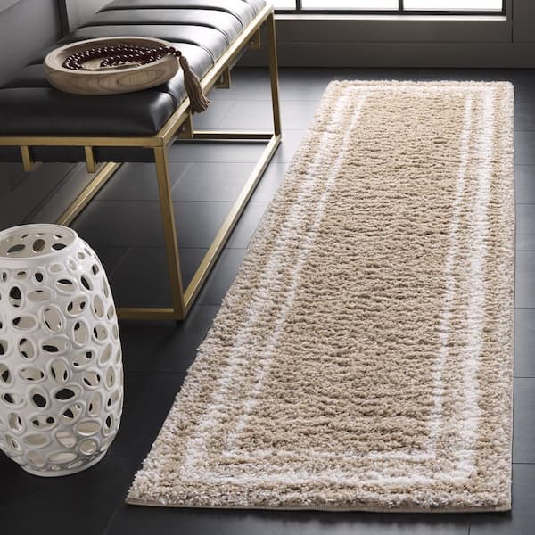 Border and Stripe Shag 2 ft. x 8 ft. Beige/Ivory Concentric Border Runner Rug