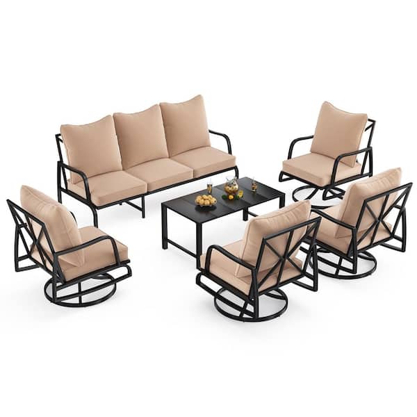 6-Piece Metal Patio Conversation Set with Beige Cushions, 4 Swivel Chairs, 3-Seat Sofa and a Coffee Table