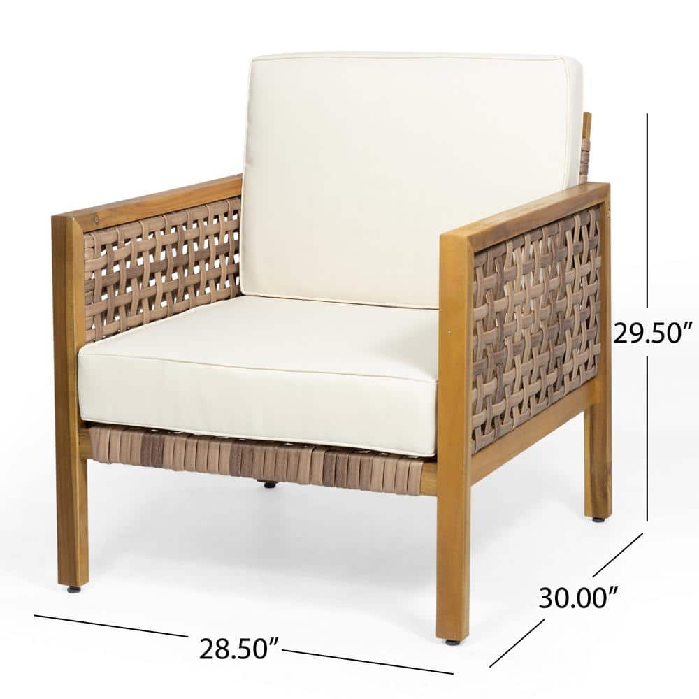 Teak Faux Rattan Club Armchair with Beige Cushions