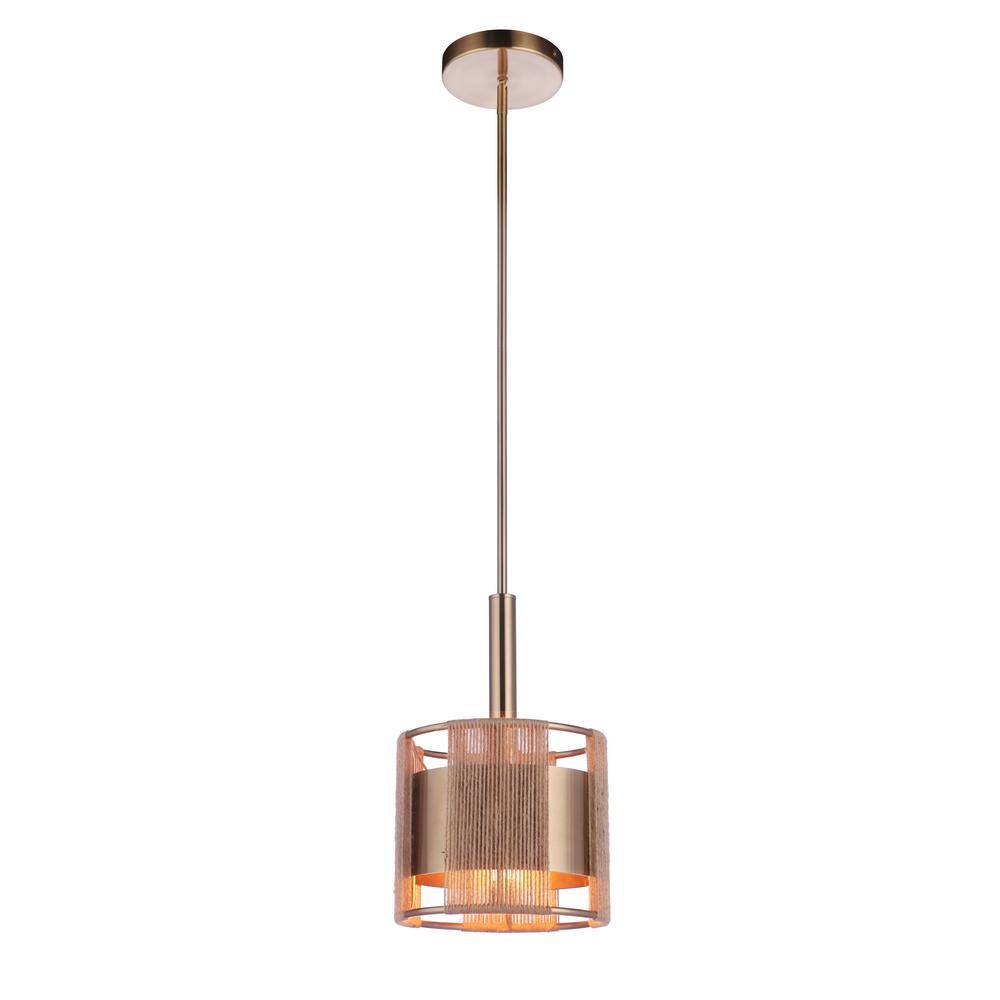 Satin Brass Mini Pendant Light with Hemp Rope Drum Shade