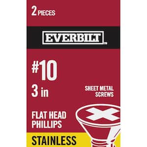 #10 x 3 in. Phillips Flat Head Stainless Steel Sheet Metal Screw (2-Pack)