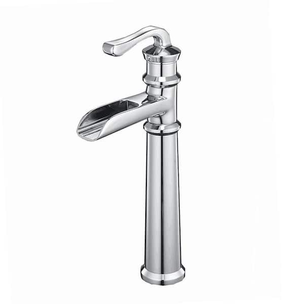 FORCLOVER Single Handle Waterfall Single Hole Bathroom Vessel Sink Faucet With Pop-Up Drain Assembly in Polished Chrome