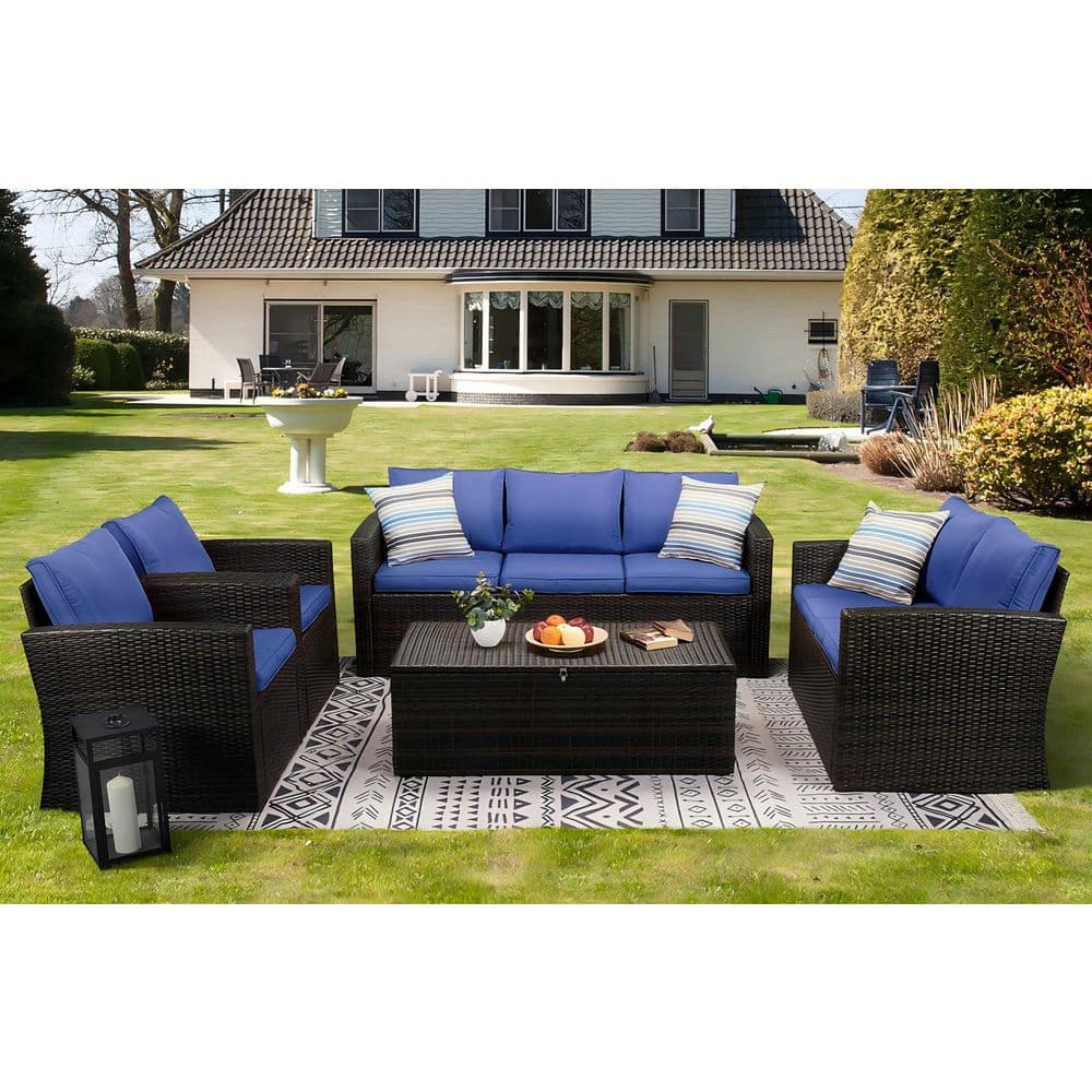 5-Piece Wicker Patio Conversation Furniture Set with Blue Cushions price history on PriceWatchPro